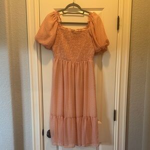 LC Lauren Conrad Peach Checkered Midi Dress